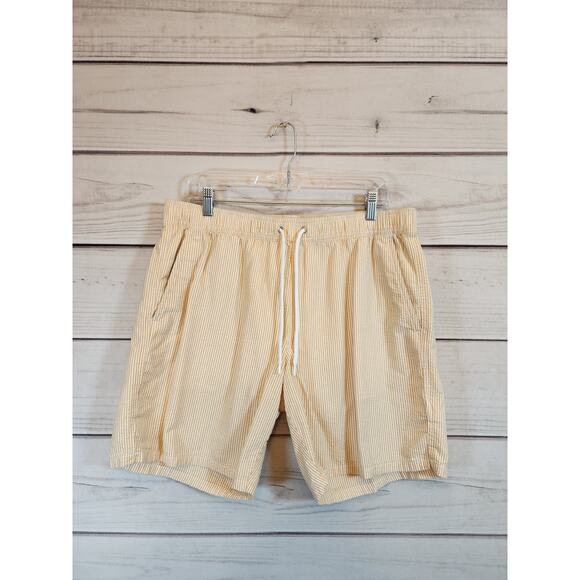 J Crew Men's Orange White Striped Hi Rise Elastic Waist Swim Shorts Size Large - Picture 1 of 7